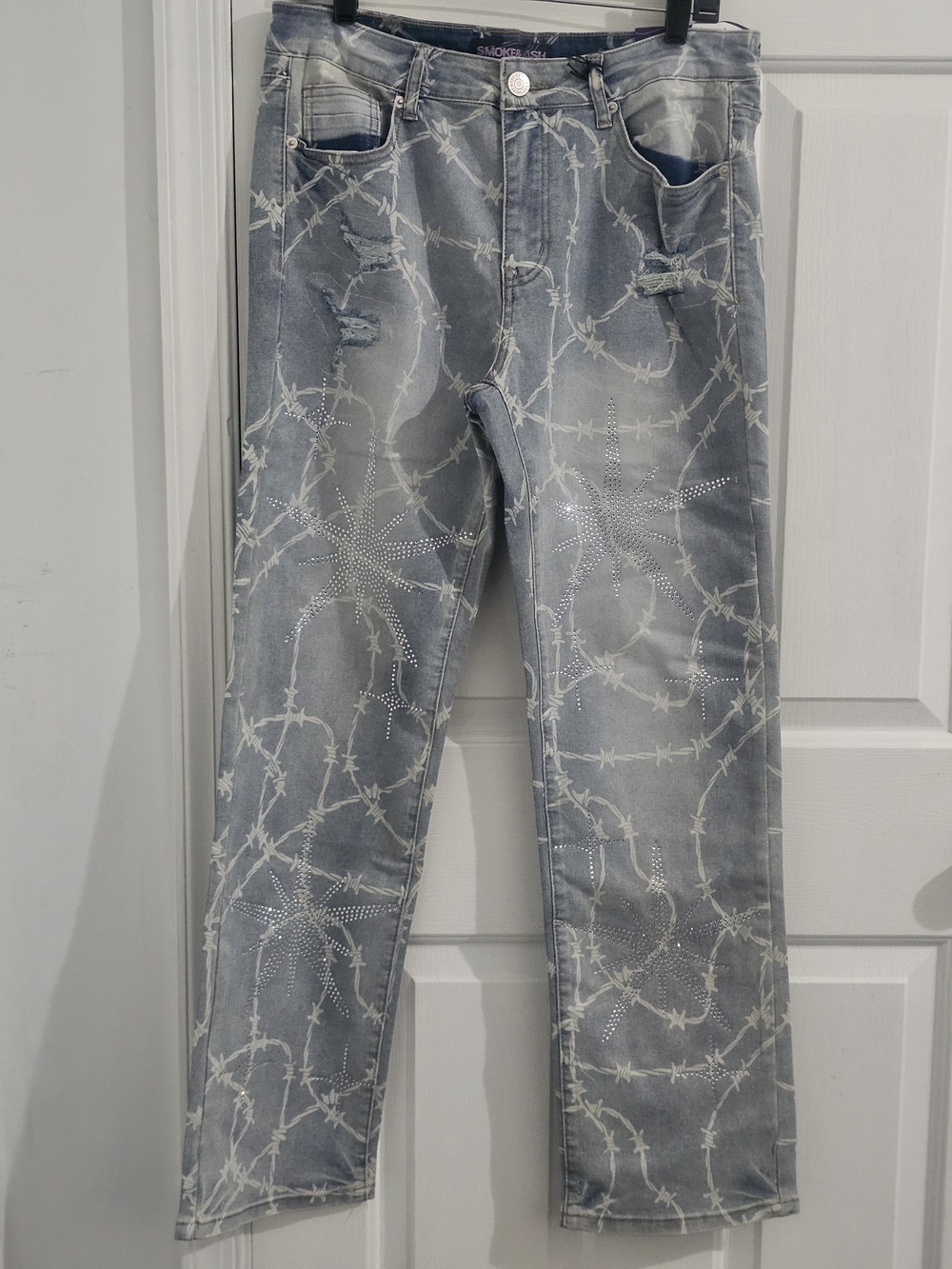 Smoke & Ash Men’s Gray Barbed Wire Rhinestone Straight Leg Jeans 32x32 NWT